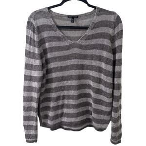 Eileen Fisher Organic Organic Linen V-neck Semi-Sheer Striped Sweater Grey, S